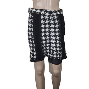 Nanette Lepore Black White Check Wool pencil skirt Velvet Ribbon Trim Lined